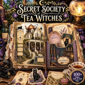 以下が含まれることがあります： Secret Society of Tea Witchesというタイトルの開かれた本。家、黒猫、植物の精巧なイラストが描かれています。ページにはテキストやBotanical Field Kit、For Brewingといったラベルがあり、ティーカップや黒猫のフィギュアも添えられています。