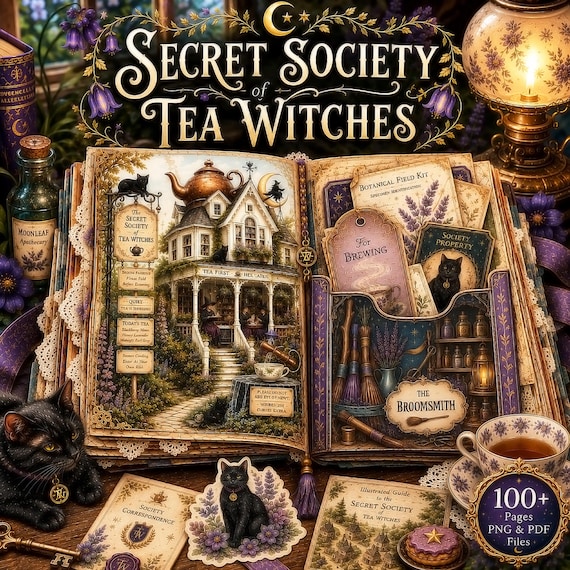 Witch Junk Journal HUGE Mega Kit, Secret Society of Tea Witches, Printable Papers, Pockets, Tags and Ephemera, PDF PNG