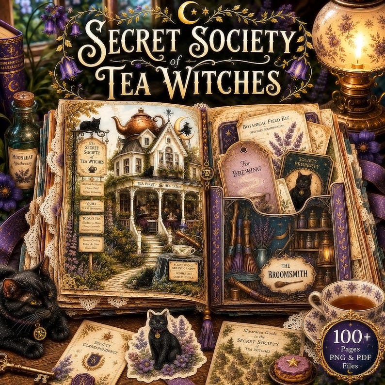 May include: An open book titled Secret Society of Tea Witches featuring detailed illustrations of a house, a black cat, and botanical elements. The pages include text, labels like Botanical Field Kit, and For Brewing, alongside a teacup and a black cat figurine.