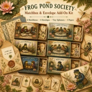 Op de afbeelding: Een Frog Pond Society luciferdoosje- en envelopset met zes geïllustreerde doosjes met kikker-thema's, zes enveloppen, kleine ephemera en drie vellen papier. De set bevat decoratieve postzegels, labels en enveloppen met een waszegel.