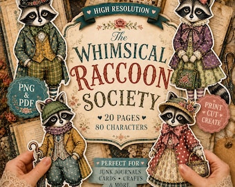 Whimsical Raccoon Society Printable Characters, Raccoon Paper Dolls, Junk Journal Cutouts, Digital Craft Ephemera PNG PDF