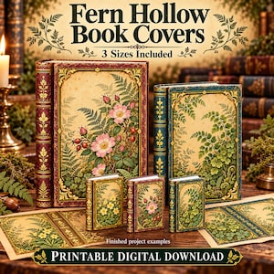 Può includere: Una collezione di copertine per libri intitolata Fern Hollow Book Covers 3 Sizes Included. L'immagine mostra libri grandi e piccoli con illustrazioni botaniche di felci e fiori rosa, bordi dorati decorati e un download digitale stampabile.