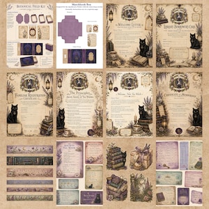 May include: A collection of printable paper ephemera featuring a botanical and witch-themed aesthetic. The set includes instructional sheets, a welcome letter, a library borrower's card, a registration certificate, membership forms, and decorative labels.