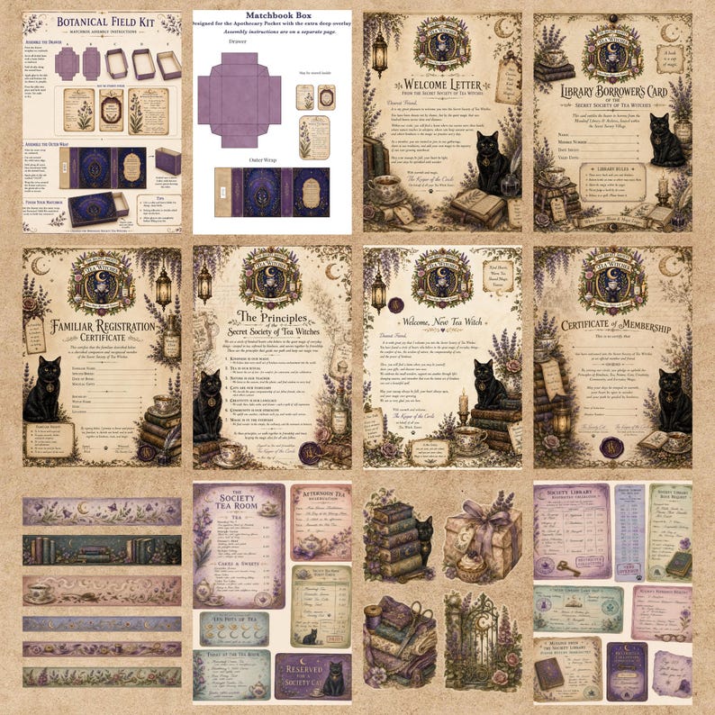 May include: A collection of printable paper ephemera featuring a botanical and witch-themed aesthetic. The set includes instructional sheets, a welcome letter, a library borrower's card, a registration certificate, membership forms, and decorative labels.