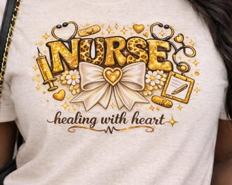 RN Nurse Shirt: Healing With Heart, Fun Prints, Medical Graduation Gift