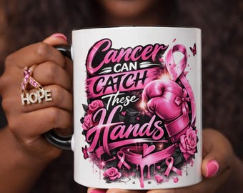 Cancer Support Mug: Boxing Glove, Pink Ribbon, Survivor Motivational Ceramic Cup