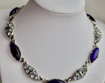Selro Halskette, Vintage, amerikanischer Modeschmuck 50er / 60er Jahre, blaue Lucite, silberfarben, Swarovski-Strass