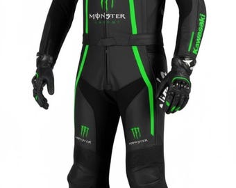 Kawasaki Ninja Inspired Motorcycle Racing Suit | Monster Green Black Leather  | One-Piece Track suit