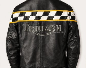 May include: Black leather motorcycle jacket with a checkered flag design in white and black, accented with yellow stripes. The back features the Triumph Motorcycles logo in white lettering.