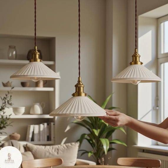 Fluted Ceramic Pendant Light, French Vintage Hanging Lamp, Nordic Minimalist Kitchen Lighting, Brass & Ceramic Ceiling Lamp, Room Decor