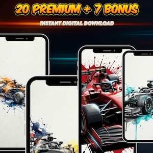 May include: Digital download of Formula 1 4K wallpapers. The image shows several smartphones displaying watercolor-style illustrations of F1 race cars in various colors. Text at the top reads "ULTIMATE F1 4K COLLECTION" and "20 PREMIUM + 7 BONUS".