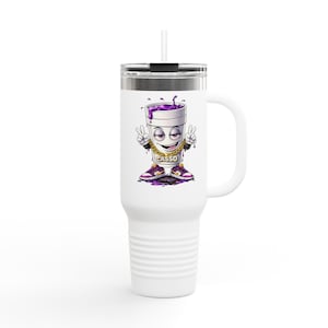 May include: White travel mug with a cartoon graphic of a purple drink cup character. The character is wearing a gold chain and purple sneakers. The text "CASSO" is on the character's chest. The mug has a handle and a straw.