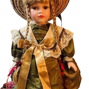 Porcelain Girl Doll Victorian Style Blode Hair, Astrology Print Clothes 16” Tall