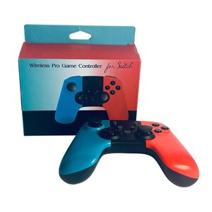 May include: A wireless pro game controller for Switch with a blue left grip, red right grip, and black center section. The controller is positioned in front of its rectangular retail box, which features the text Wireless Pro Game Controller for Switch.
