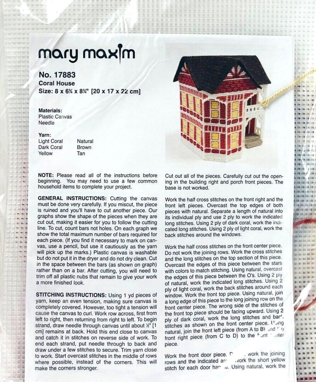 Cross Needle Stitch Plastic Canvas Kit No. 17883 Coral House MARY MAXIM ...