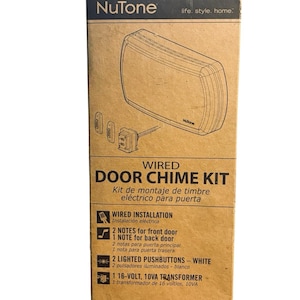 May include: A NuTone wired door chime kit in a cardboard box. The box features the text NuTone life. style. home., WIRED DOOR CHIME KIT, 2 NOTES for front door, 1 NOTE for back door, 2 LIGHTED PUSHBUTTONS - WHITE, 1 16-VOLT, 10VA TRANSFORMER, and BK125LWH.