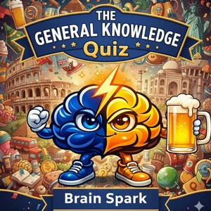Op de afbeelding: Een kleurrijke illustratie voor "The General Knowledge Quiz" toont een cartoonbrein verdeeld in blauw en geel, met een bliksemschicht. De hersenen houden een bierpul vast. De woorden "Brain Spark" staan onderaan.