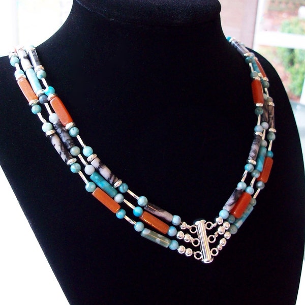 RESERVED- Southwestern Charm Gemstone Three Strand  Necklace