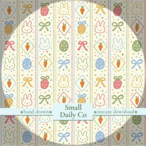 Vintage Easter Stripe Bunny Seamless Pattern: Coquette Bows Pastel, Spring Fabric Design, (Hand-Drawn PNG Digital Paper | Commercial Use)