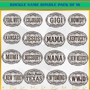 Op de afbeelding: Een bundel van 16 ovale gespen met verschillende namen en zinnen in een western-stijl lettertype. De bruine gespen hebben decoratieve krullen en bevatten namen als "KENTUCKY", "NEW MEXICO" en "GIGI". De tekst "BUCKLE NAME BUNDLE PACK OF 16" staat bovenaan.