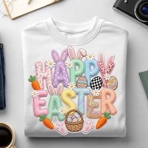 Happy Easter Latch Yarn PNG: Faux Bunny Typography, Spring Easter Sublimation, Patchwork Easter Bunny PNG, Trending Digital Download