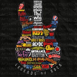 Guitarra de leyendas del rock PNG / Logotipo de banda de rock clásico Clipart / Diseño de sublimación de arte mural musical / Descarga de imágenes prediseñadas digitales de rock & roll