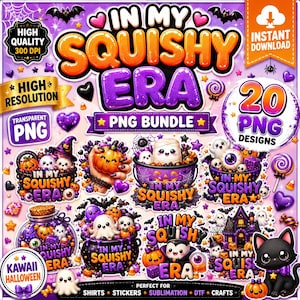 May include: A digital graphic bundle featuring twenty Halloween-themed PNG designs with the text In My Squishy Era. The collection includes illustrations of ghosts, pumpkins, cauldrons, bats, and a black cat in purple and orange color palettes.