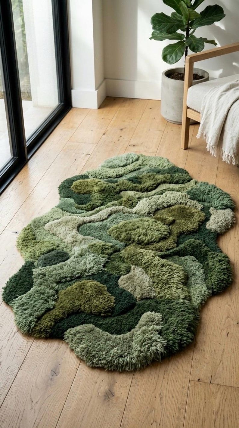 May include: A green, textured rug with a unique, organic shape. The rug features a layered design with varying shades of green, creating a three-dimensional effect. The rug is placed on a light-colored wooden floor, adding a touch of nature to the room.