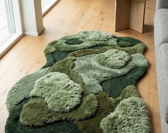 Organic Moss Rug Hand Tufted Wool Rug | Irregular Shape 3D Forest Floor Carpet | Biophilic Design Sage Green Olive Area Rug