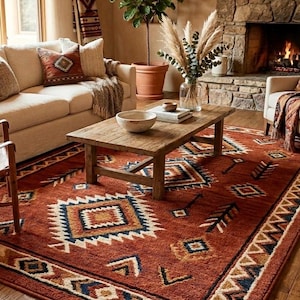 May include: A rust-colored area rug with a geometric pattern dominates a cozy living room scene. The rug features a central diamond design with blue, tan, and white accents. A wooden coffee table and a beige sofa complete the warm, inviting space.