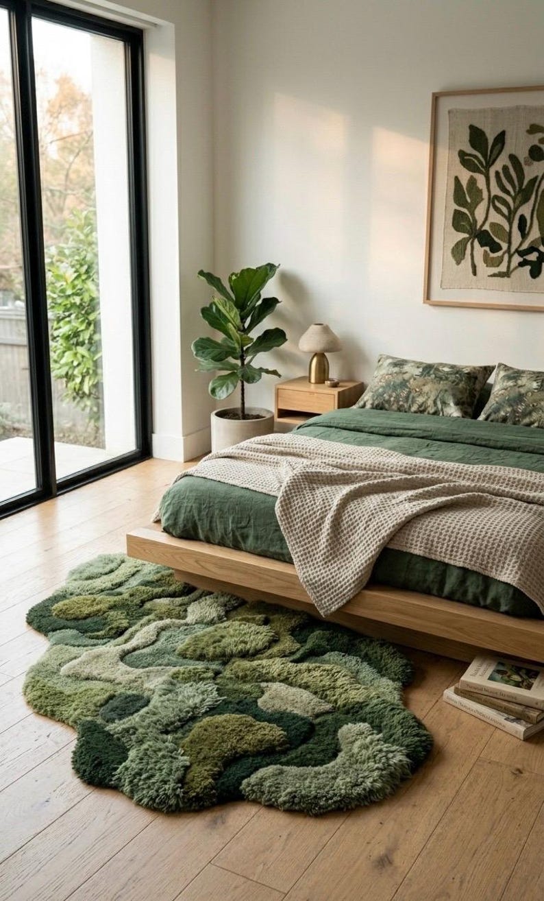 May include: A bedroom scene featuring a bed with green bedding and a beige waffle-knit blanket. A green, organic-shaped rug sits on the wooden floor. A framed botanical print hangs on the wall, and a potted plant is visible.