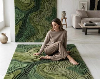 Moderner 3D-Moosteppich | Topografischer Konturteppich | Handgeknüpfter, mehrlagiger Teppich in Waldgrün | Zeitgenössischer Luxus-Teppich mit Landschaftsmotiv