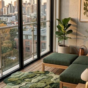 May include: A modern living space with a view of a city skyline. The room features a green, textured rug, green ottomans, and a potted plant. The wooden floor and furniture add warmth to the space.