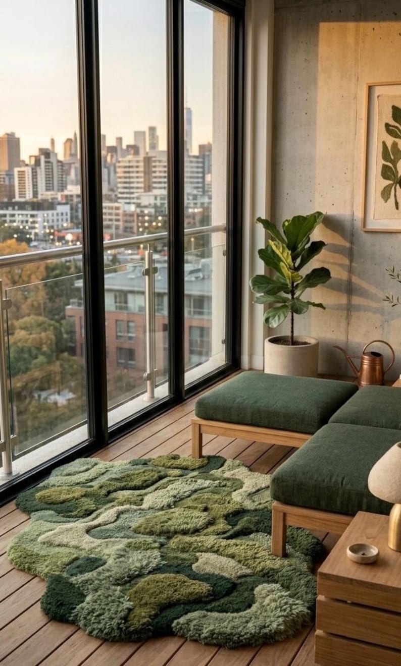 May include: A modern living space with a view of a city skyline. The room features a green, textured rug, green ottomans, and a potted plant. The wooden floor and furniture add warmth to the space.