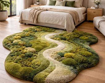 Moss Rug Handmade Tufted | Organic Green Landscape Rug | 3D River Design Area Rug | Luxury Nature Inspired Carpet | Biophilic Home Decor