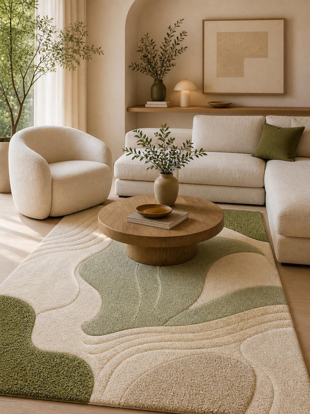 Luxury Moss Green Tufted Wool Rug | Organic Abstract Area Rug | Neutral ...