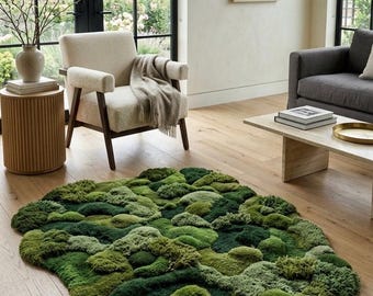 Hand Tufted Moss Rug | Organic Wool Area Rug | 3D Textured Green Rug | Irregular Shape Rug | Nature Inspired Plush Carpet Luxury Modern Rug