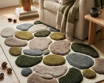 Pebble Shaped Area Rug | Earthy Stone Pattern Tufted Carpet | Moss Green Organic Modern Rug Nature Inspired Decor for Living Room or Bedroom