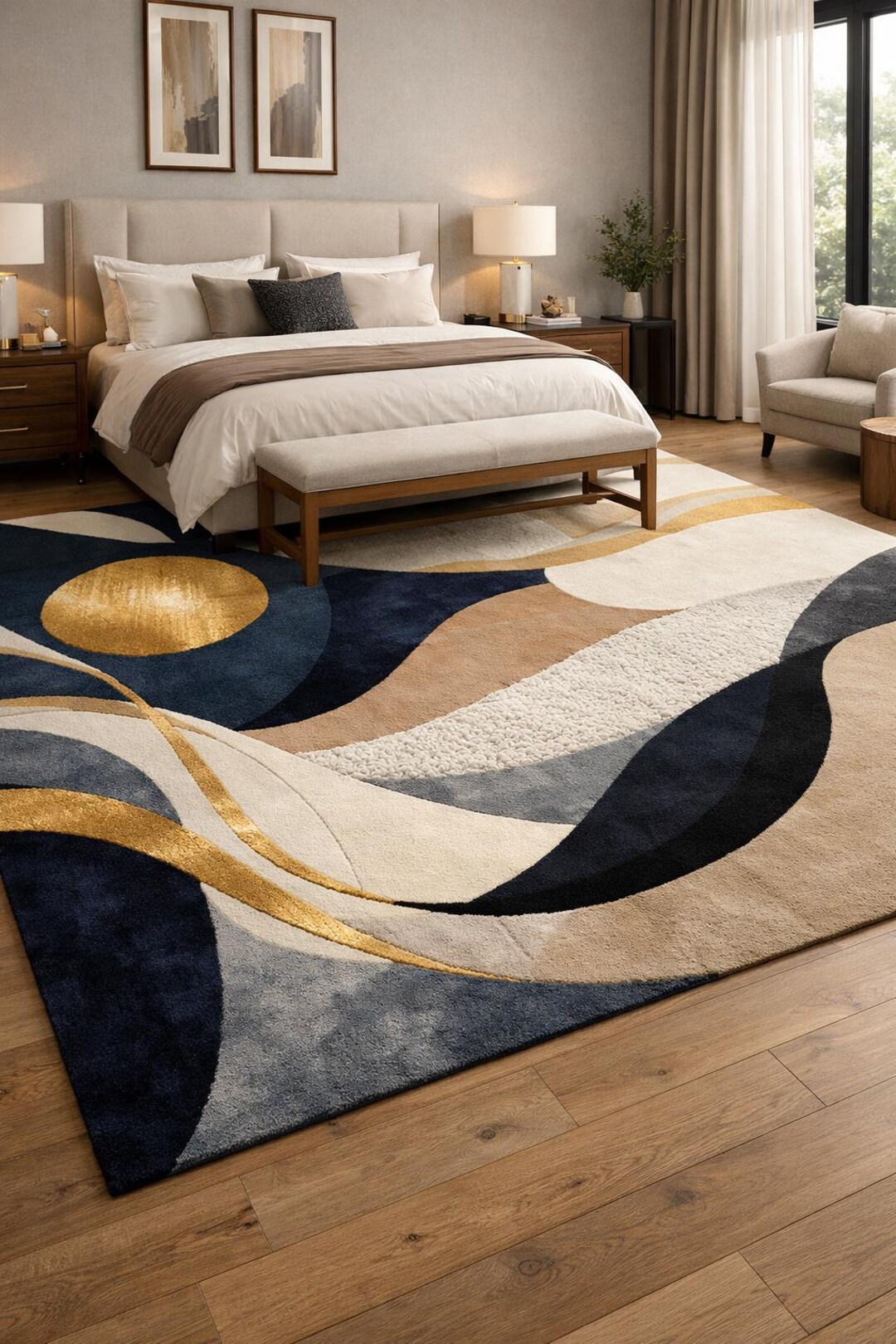 Luxury Abstract Hand Tufted Wool Rug, Modern Navy Beige Gold Area Rug ...