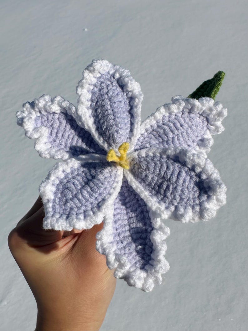 Puede incluir: Una flor de ganchillo hecha a mano con p&eacute;talos de color lavanda, bordes blancos con volantes y un centro amarillo. Se adjunta una hoja verde de ganchillo. La flor se sostiene sobre un fondo nevado.
