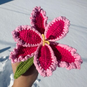 Puede incluir: Una flor de ganchillo hecha a mano con p&eacute;talos de color rosa vibrante y un borde festoneado rosa claro. El centro es amarillo y tiene una hoja verde adjunta. La flor se sostiene sobre un fondo nevado.
