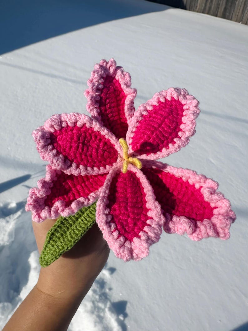 Puede incluir: Una flor de ganchillo hecha a mano con p&eacute;talos de color rosa vibrante y un borde festoneado rosa claro. El centro es amarillo y tiene una hoja verde adjunta. La flor se sostiene sobre un fondo nevado.
