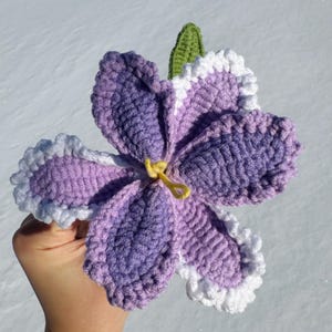 Puede incluir: Una flor de ganchillo hecha a mano en tonos morados, con bordes festoneados blancos y un centro amarillo. Una hoja verde est&aacute; unida a la parte posterior. La flor se sostiene sobre un fondo nevado.
