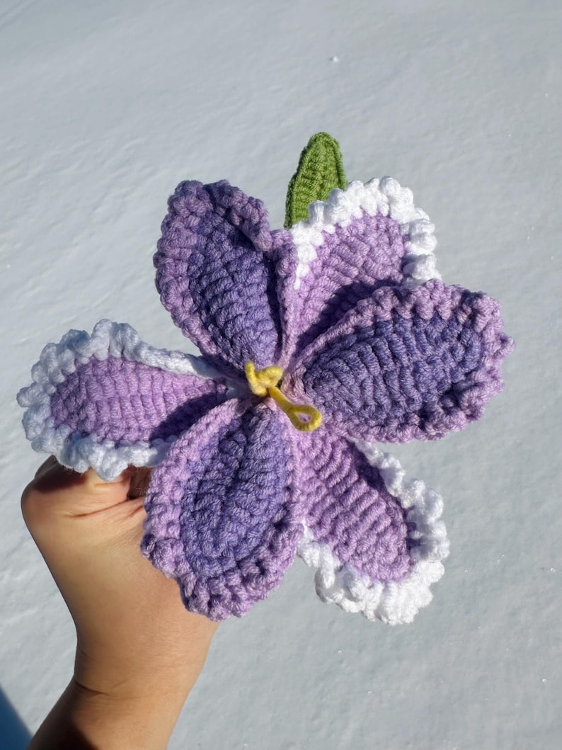 Puede incluir: Una flor de ganchillo hecha a mano en tonos morados, con bordes festoneados blancos y un centro amarillo. Una hoja verde est&aacute; unida a la parte posterior. La flor se sostiene sobre un fondo nevado.