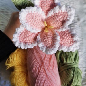 Puede incluir: Una flor de ganchillo hecha a mano con p&eacute;talos rosas, borde blanco y centro amarillo. Acompa&ntilde;ada de ovillos de lana amarilla, rosa y verde, lo que sugiere un proyecto de manualidades. La flor tiene una hoja verde.