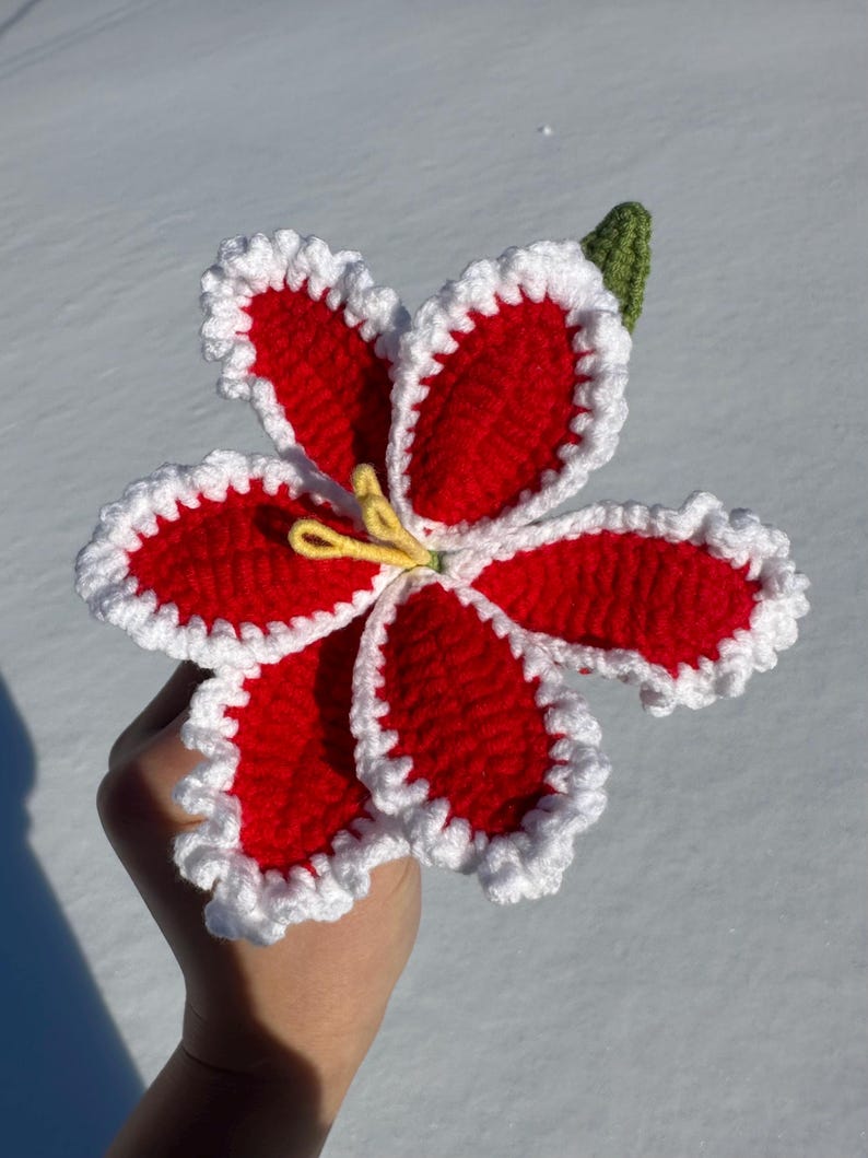Puede incluir: Una flor de ganchillo hecha a mano con p&eacute;talos rojos, bordes festoneados blancos y centro amarillo. La flor tiene un tallo verde y se sostiene sobre un fondo nevado. Un art&iacute;culo artesanal &uacute;nico.