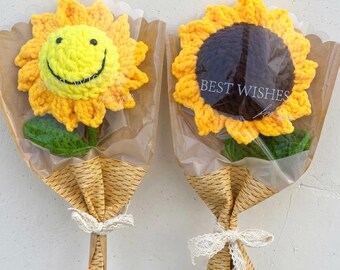 Happy Sunflower Crochet Bouquet, Handmade Spring Gift, Graduation Flower, Teacher Gift