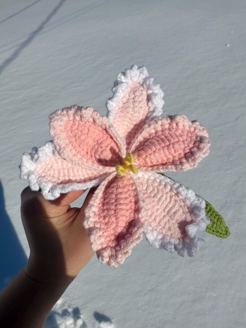 Puede incluir: Una flor de ganchillo hecha a mano en tonos rosa y blanco, con un centro amarillo y una hoja verde. La flor tiene bordes con volantes y se sostiene sobre un fondo nevado.