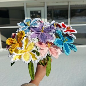 Puede incluir: Un ramo de flores de ganchillo hechas a mano en varios colores, incluyendo amarillo, rosa, azul y morado. Las flores tienen detalles blancos y verdes, y est&aacute;n unidas por tallos verdes. El fondo es una escena nevada al aire libre.