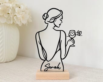 40th Birthday Gift - Personalized 3D Line Art Birthday Decoration with wooden base - Woman Silhouette